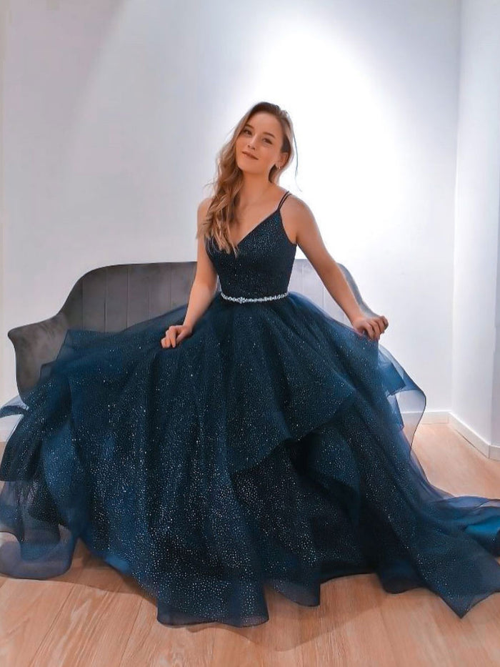 Dark blue tulle sequin long prom dress blue formal dress – toptby