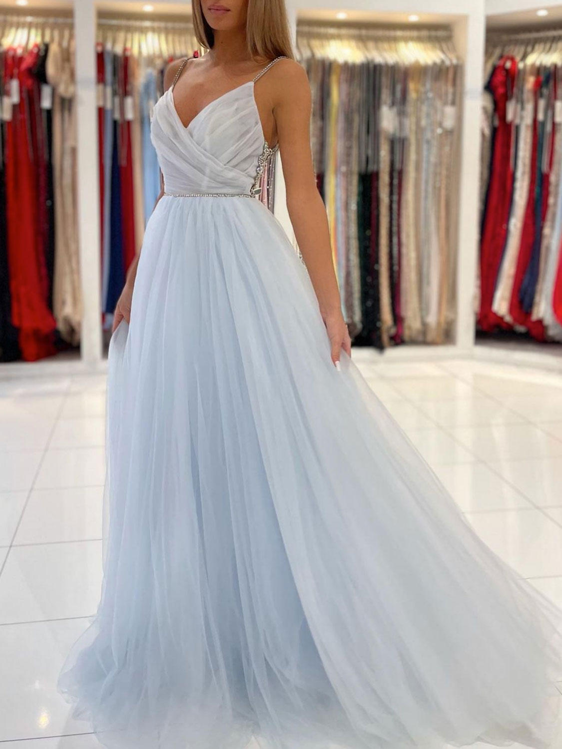 Light blue tulle long prom dress, blue beads long evening dress