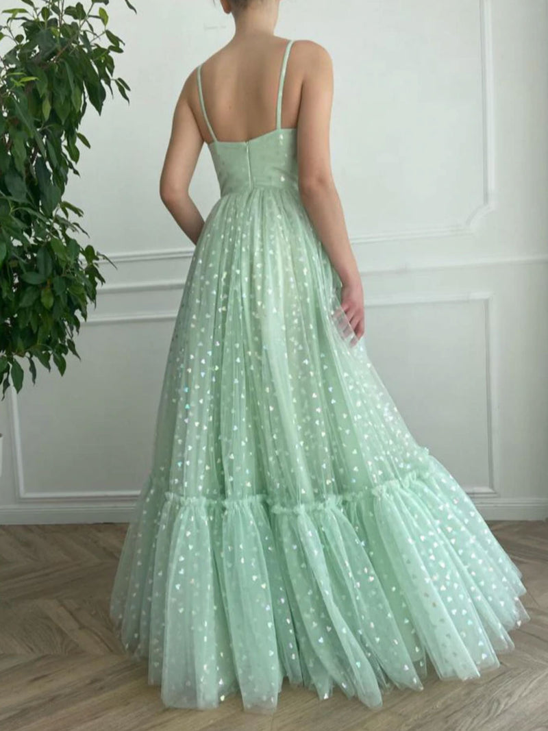 Green v neck tulle A line long prom dress, green evening dress