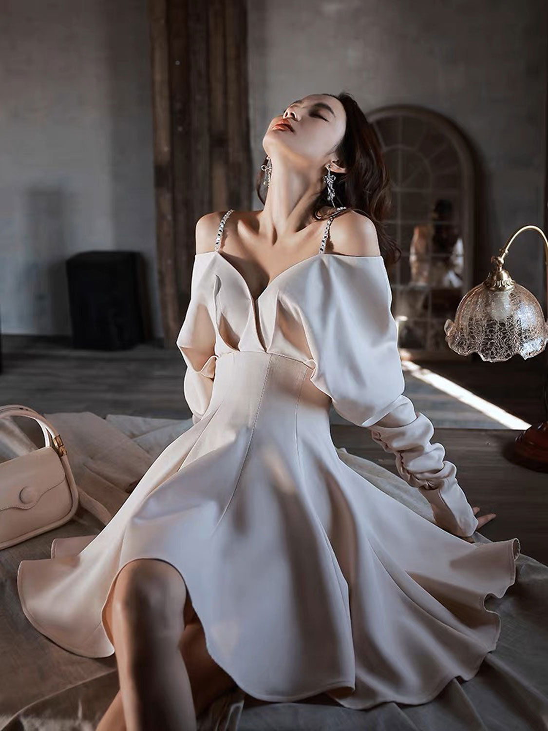 Satin V Neck Short Prom Dress, Long Sleeves Cocktail Dresses toptby Satin V Neck Short Prom Dress, Long Sleeves Cocktail Dresses toptby