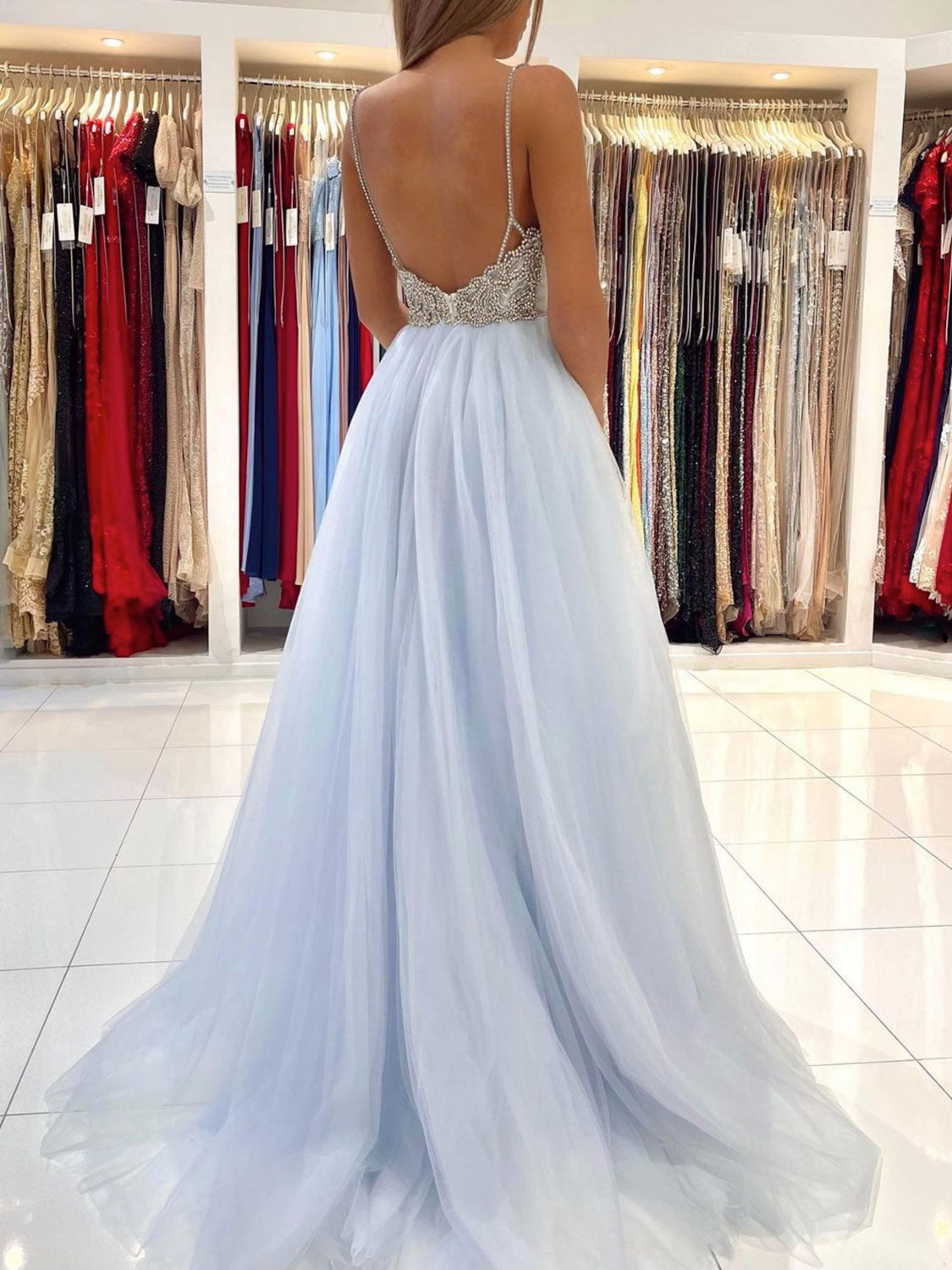 Light blue tulle long prom dress, blue beads long evening dress toptby Light blue tulle long prom dress, blue beads long evening dress toptby