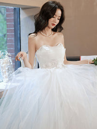 White sweetheart tulle tea length lace prom dress, lace evening dress