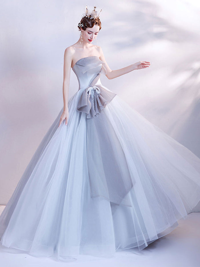 Gray tulle long prom dress tulle long evening dress