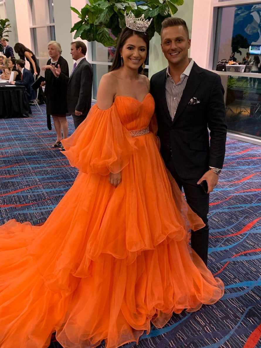 Orange tulle long prom dress, orange evening dress