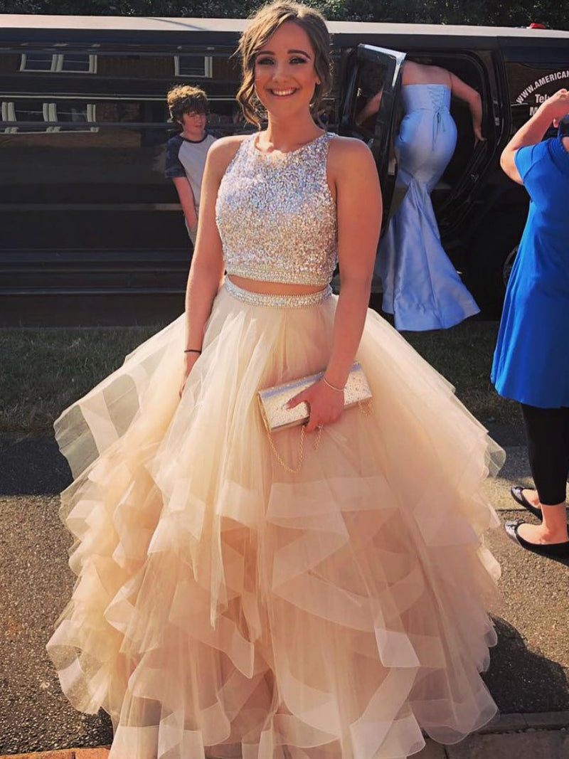 Champagne two pieces tulle sequin long prom dress, tulle formal dress
