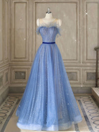 A-Line Tulle Blue Long Prom Dresses, Blue Tulle Formal Dresses