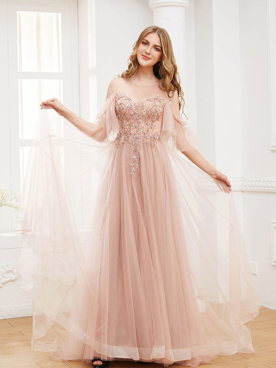 Pink round neck tulle beads long prom dress formal dress