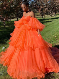 Orange tulle long prom dress, orange evening dress
