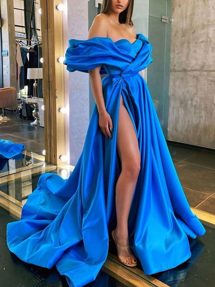 Blue off shoulder satin long prom dress blue long formal dress