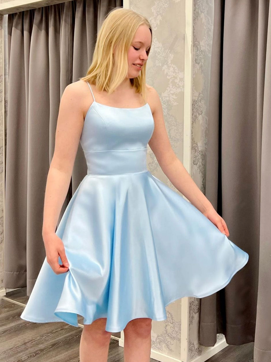 Blue satin short prom dress, blue homecoming dress Blue satin short prom dress, blue homecoming dress