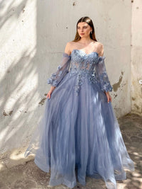 A-Line Sweetheart Neck Tulle Lace Gray Blue Long Prom Dress, A-Line Sweetheart Neck Tulle Lace Gray Blue Long Prom Dress
