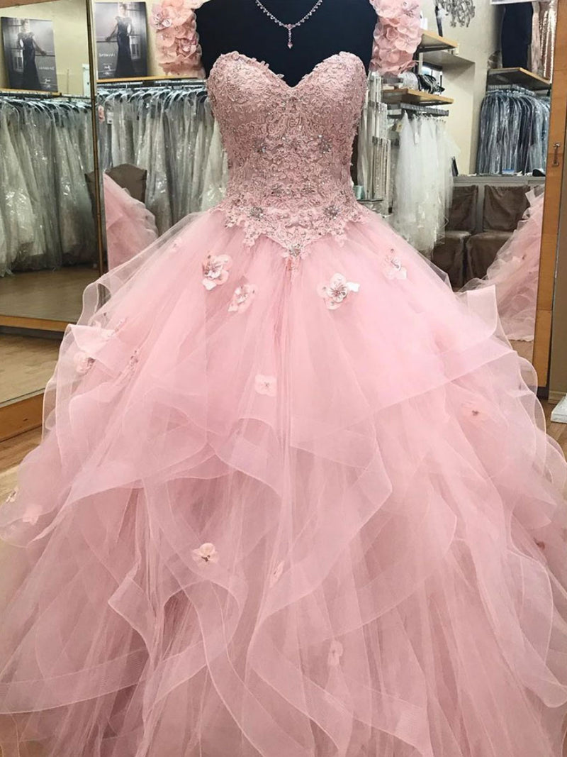 Pink sweetheart tulle long prom gown, pink sweet 16 dress