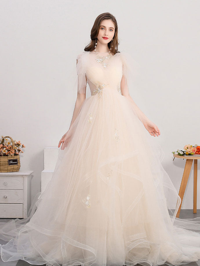 Champagne tulle lace long prom dress, champagne evening dress – toptby