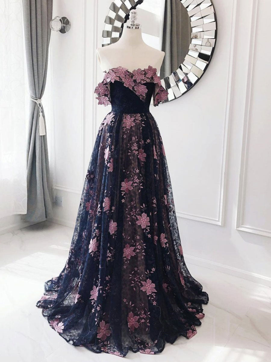 Dark blue tulle lace long prom dress blue tulle formal dress