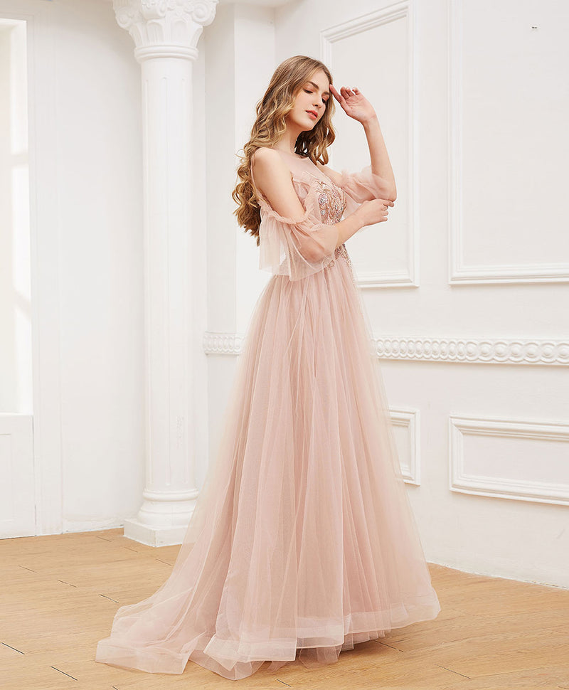 Pink round neck tulle beads long prom dress formal dress