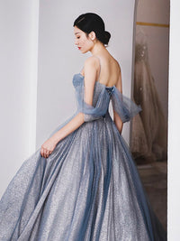 Blue sweetheart tulle long prom dress, tulle formal dress