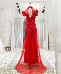 Red tulle lace long prom dress, red lace tulle formal dress