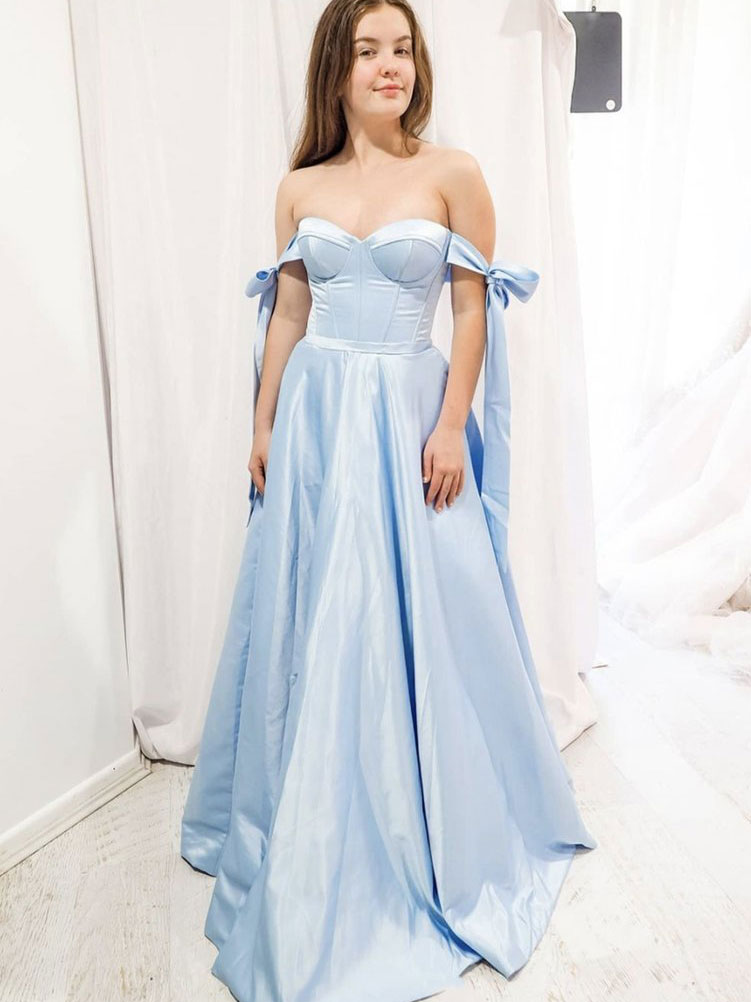 Simple blue sweetheart satin long prom dress blue formal dress