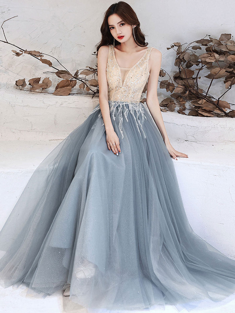 Blue v neck tulle sequin long prom dress blue tulle formal dress – toptby