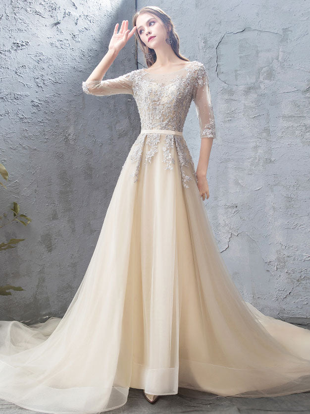 Champagne round neck tulle lace long prom dress, champagne evening dress