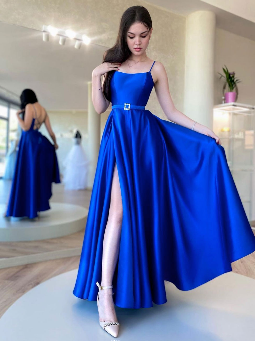 A Line Blue Satin Long Prom Dresses, Black Formal Dresses