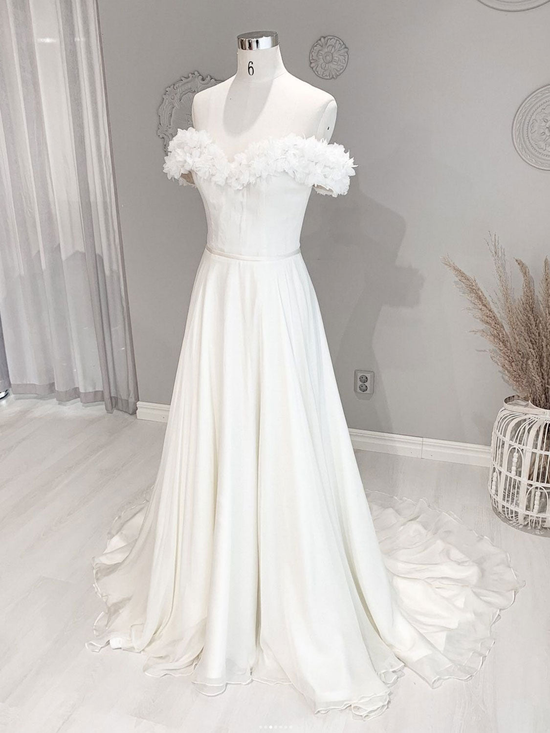 White off shoulder chiffon long prom dress, white evening dress