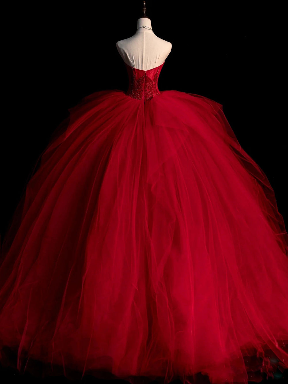 Burgundy Tulle Formal Prom Dress Strapless Beading Fromal Dress main image 1