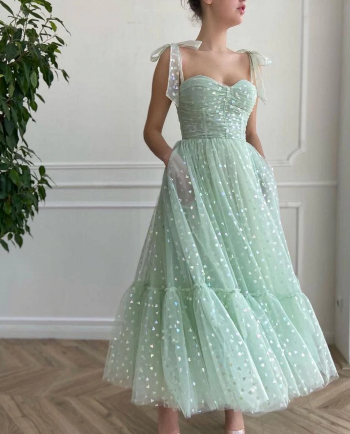 Green tulle tea length prom dress, green tulle formal dress