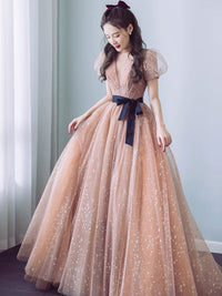 Champagne v neck tulle long prom dress, champagne A line evening dress