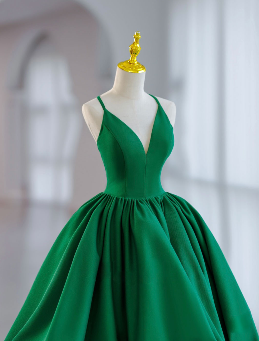 V Neck Satin Green Prom Dress