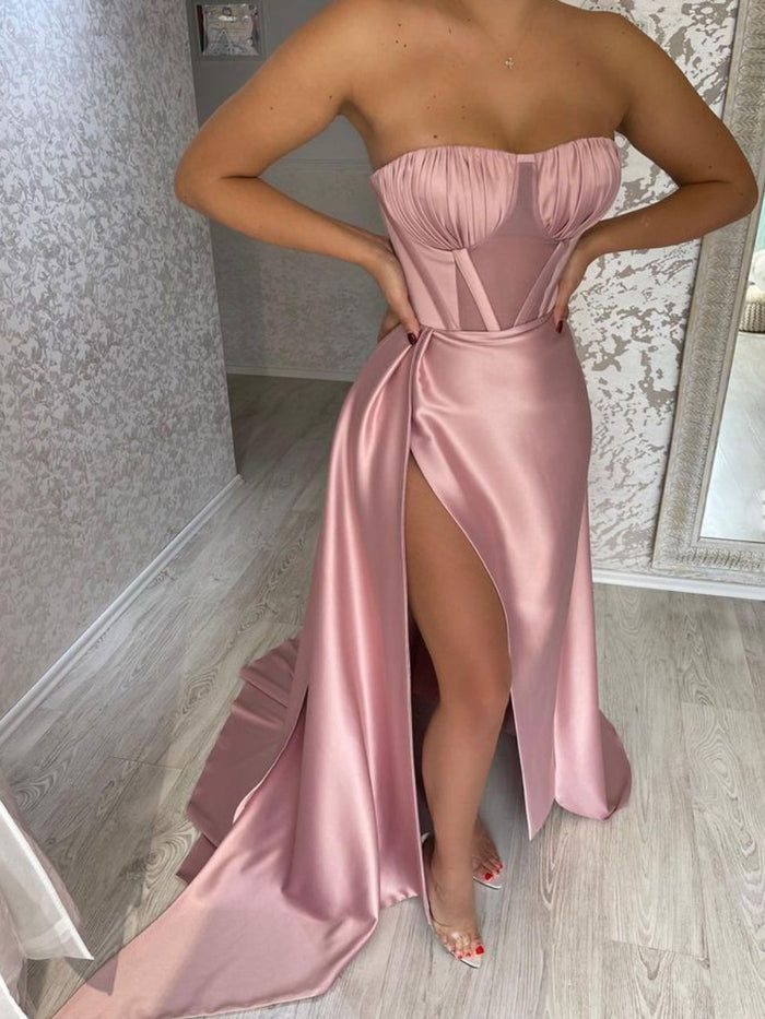 Mermaid Satin Pink Long Prom Dress, Pink Formal Evening Dresses