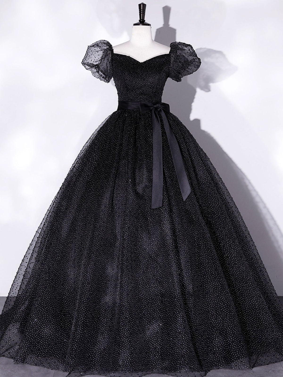 Black tulle long prom dress, black puff sleeves long sweet 16 dress