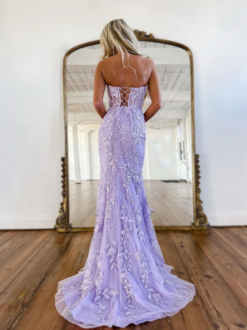 Purple lace 2024 prom dress