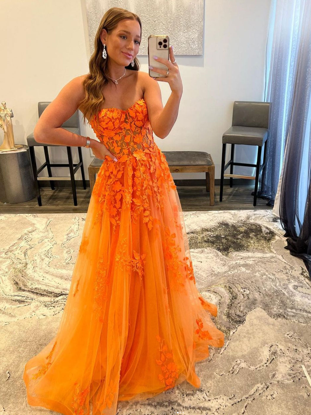 Orange A line tulle lace long prom dress, tulle formal dress