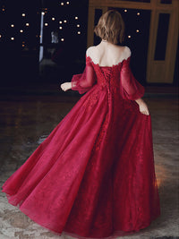 Burgundy A-Line Lace Long Prom Dresses, Burgundy Formal Evening Dresses