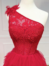 A-Line One Shoulder Lace Tulle Burgundy Long Prom Dresses, Burgundy Formal Dresses