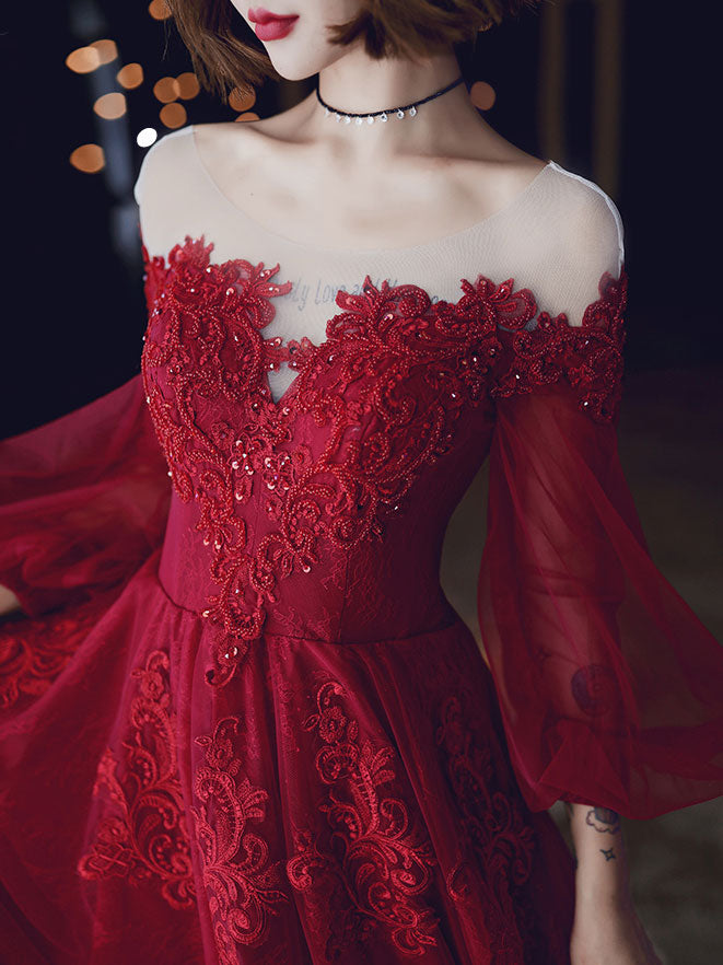 Burgundy A-Line Lace Long Prom Dresses, Burgundy Formal Evening Dresse toptby Burgundy A-Line Lace Long Prom Dresses, Burgundy Formal Evening Dresse toptby