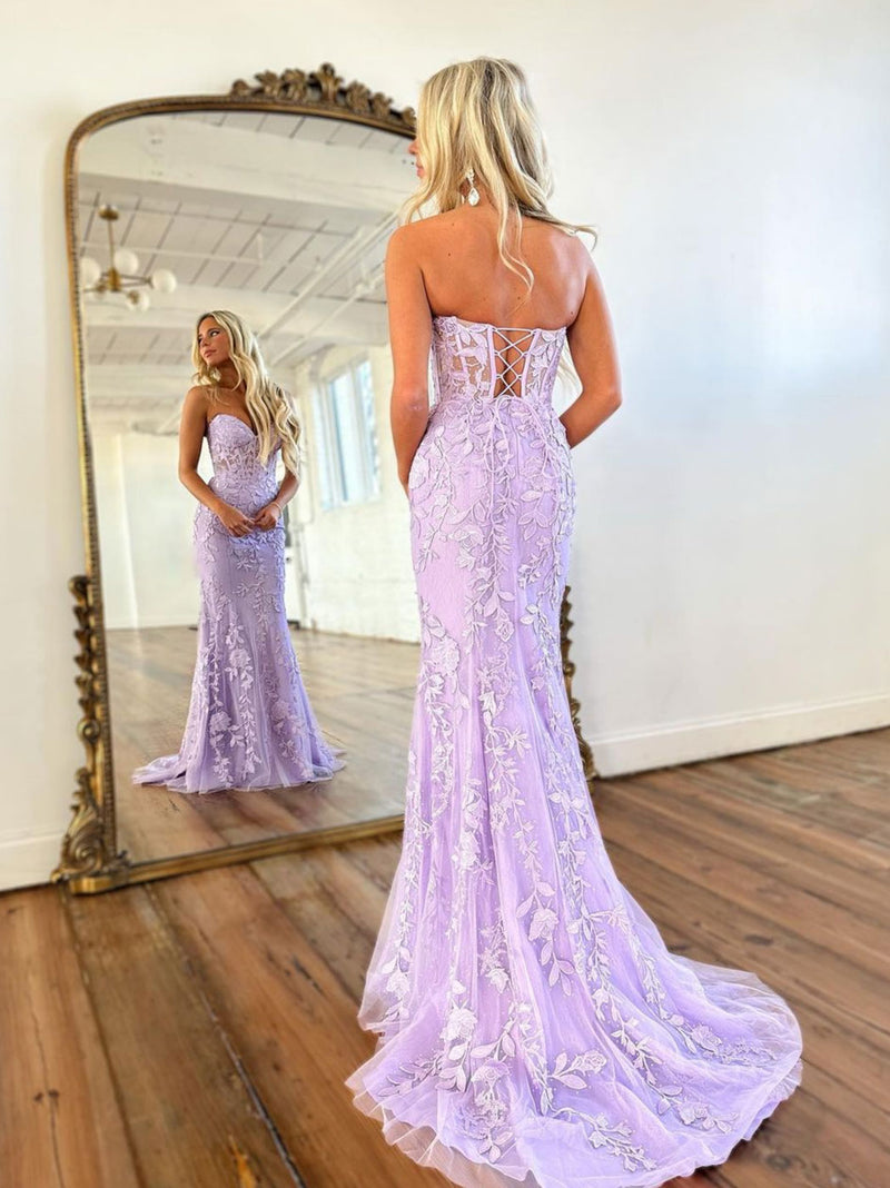 Purple Mermaid Lace Long Prom Dress, Purple Formal Evening Dress