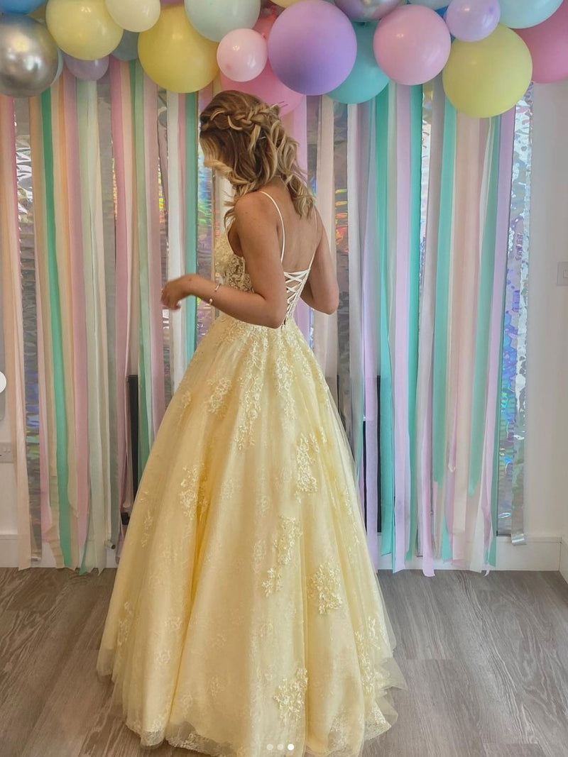 Yellow v neck tulle lace long prom dress, yellow lace formal party dre toptby Yellow v neck tulle lace long prom dress, yellow lace formal party dre toptby