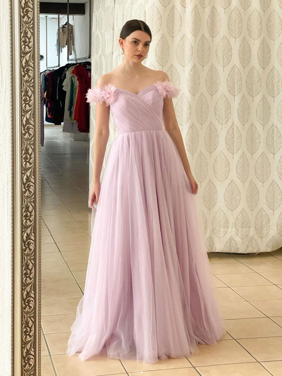 Pink A line long prom dress pink tulle long formal party dress
