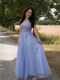 Blue A line tulle lace long prom dress blue bridesmaid dress