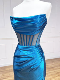 Blue Satin Mermaid Long Prom Dresses