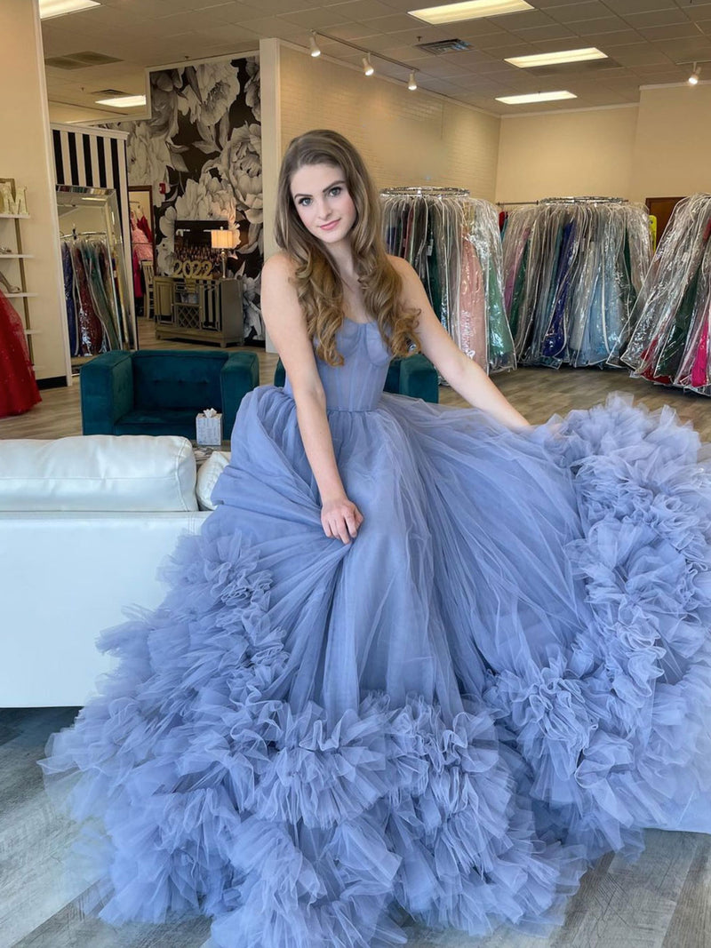 Blue sweetheart neck tulle long prom dress, blue sweet 16 dress toptby Blue sweetheart neck tulle long prom dress, blue sweet 16 dress toptby