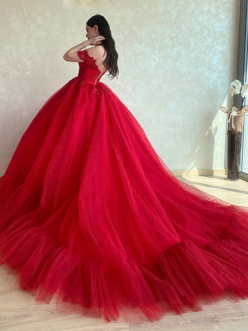 Sweetheart Neck Ball Gown Red Long Prom Dress, Red Lace Formal Graduat – toptby