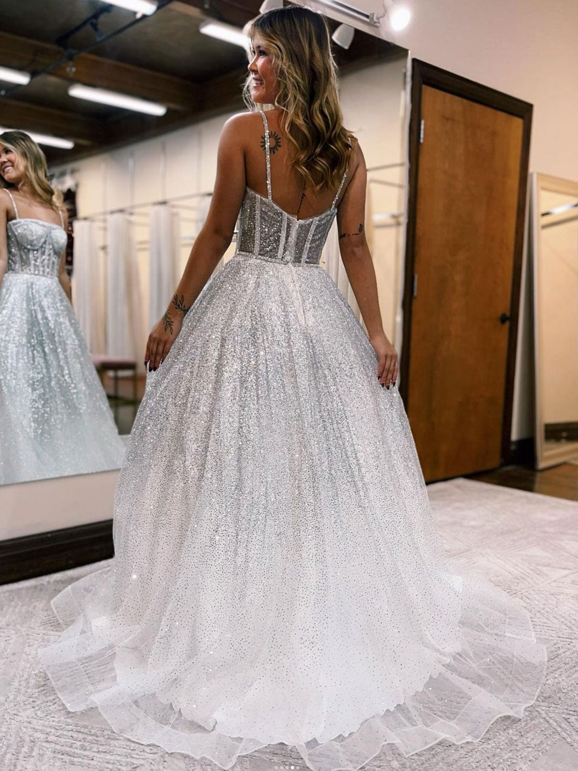 A-Line Gray White Sequin Long Prom Dress, Tulle Sequin Evening Dress A-Line Gray White Sequin Long Prom Dress, Tulle Sequin Evening Dress