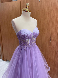 A-Line Sweetheart Neck Tulle Lace Purple Long Prom Dress
