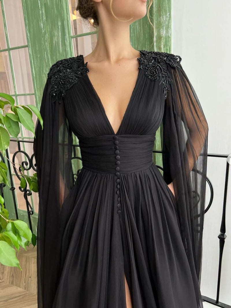 Aline Chiffon Black Long Prom Dress, V Neck Black Formal Evening Dress toptby Aline Chiffon Black Long Prom Dress, V Neck Black Formal Evening Dress toptby