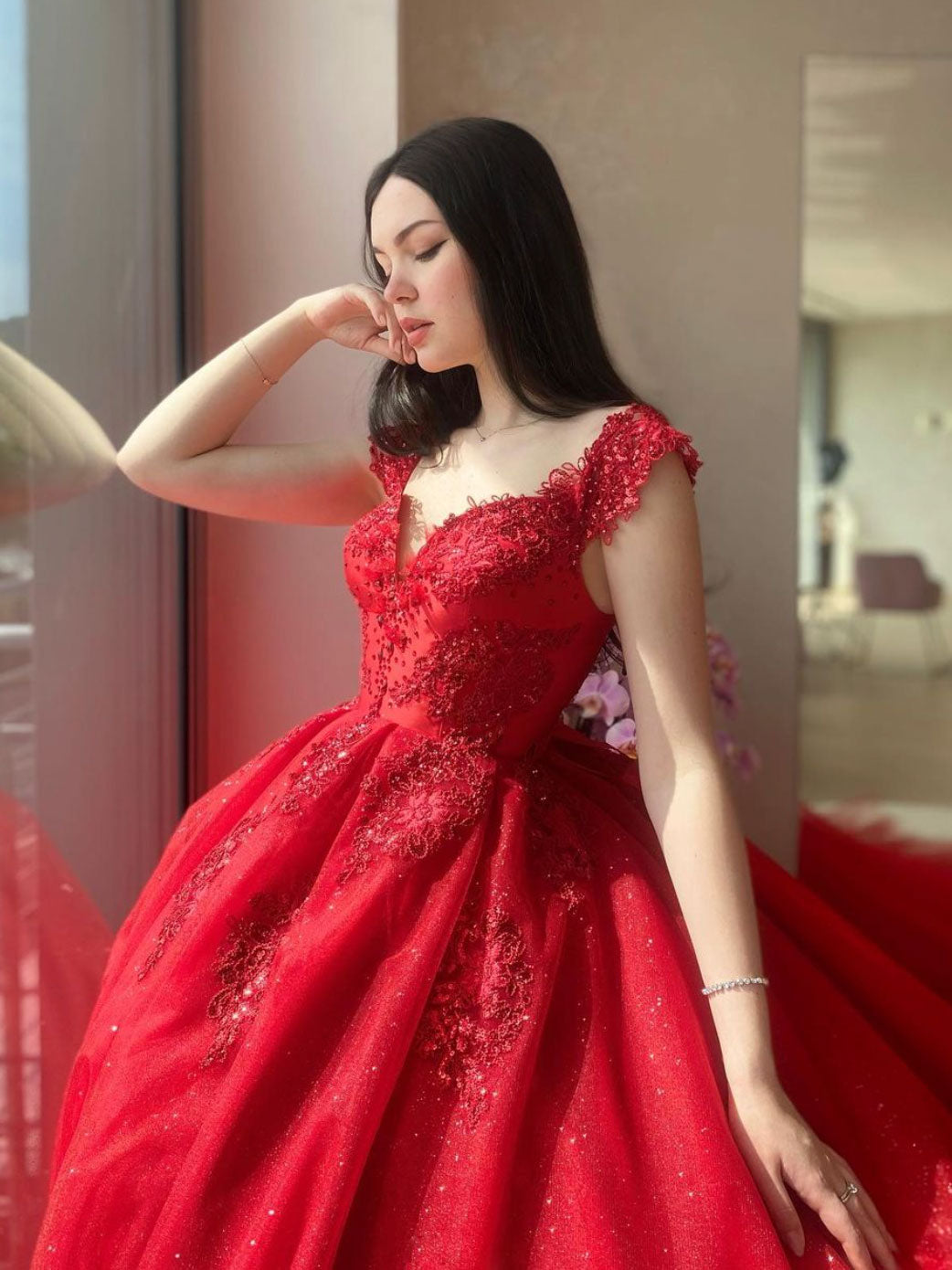 Sweetheart Neck Ball Gown Red Long Prom Dress, Red Lace Formal Graduat toptby Sweetheart Neck Ball Gown Red Long Prom Dress, Red Lace Formal Graduat toptby