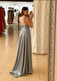 Gray Aline satin long prom dress, Gray long formal dress