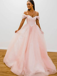 Pink off shoulder tulle long prom dress, pink tulle formal dress